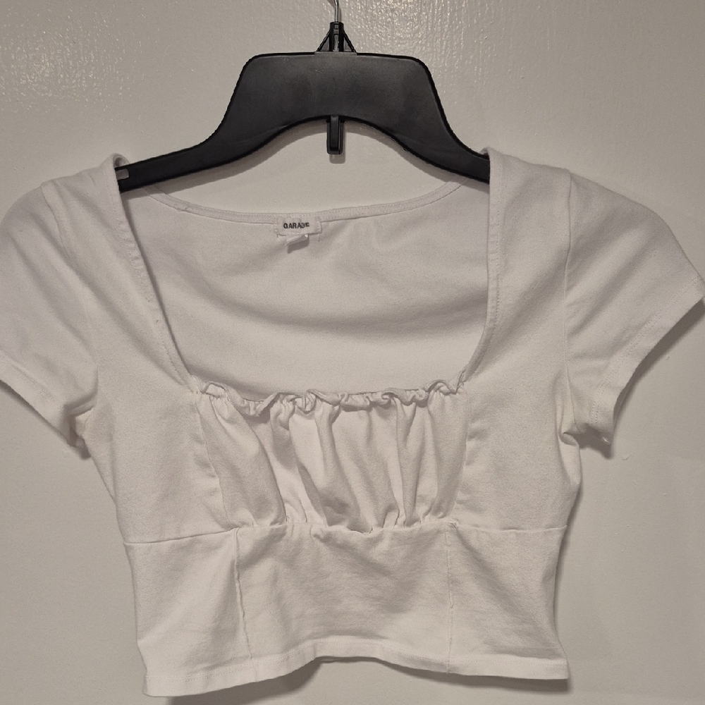 Garage White Ruched Square Neck Cropped Top